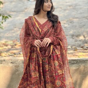 Women Viscose Printed Anarkali Kurta And Pant With Dupatta Set
